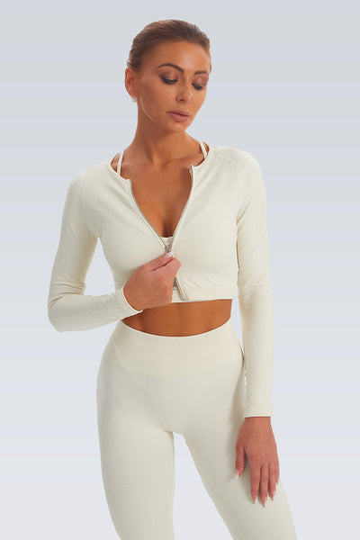 Acid Wash Double Zipper Seamless Crop Long Sleeve