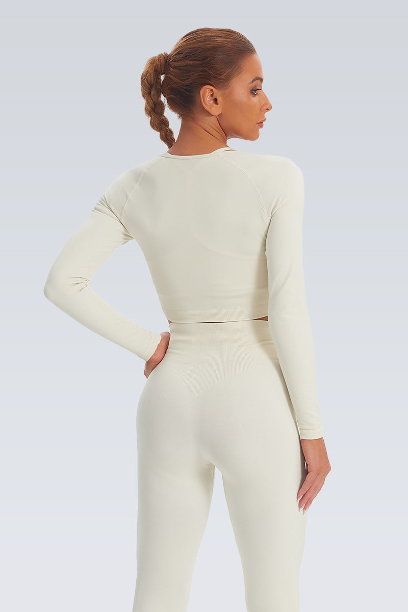 Acid Wash Double Zipper Seamless Crop Long Sleeve