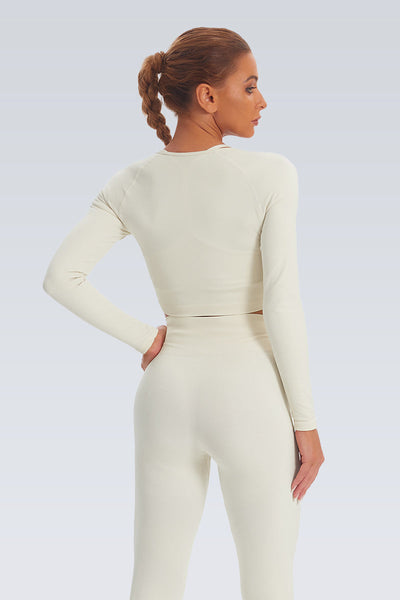 Acid Wash Double Zipper Seamless Crop Long Sleeve