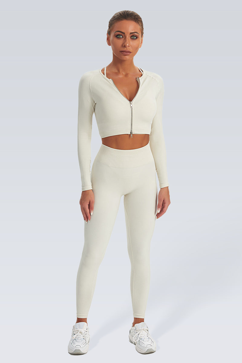 Acid Wash Double Zipper Seamless Crop Long Sleeve