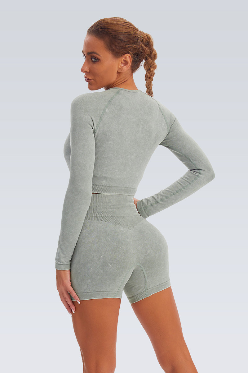 Acid Wash Double Zipper Seamless Crop Long Sleeve