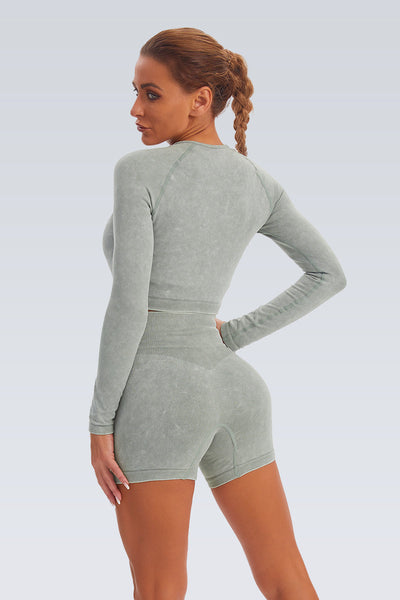 Acid Wash Double Zipper Seamless Crop Long Sleeve