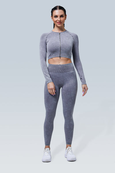 Acid Wash Double Zipper Seamless Crop Long Sleeve